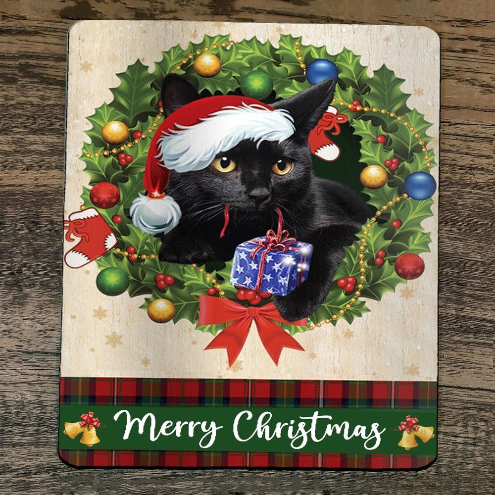 Mouse Pad Merry Christmas Xmas Black‎ Cat